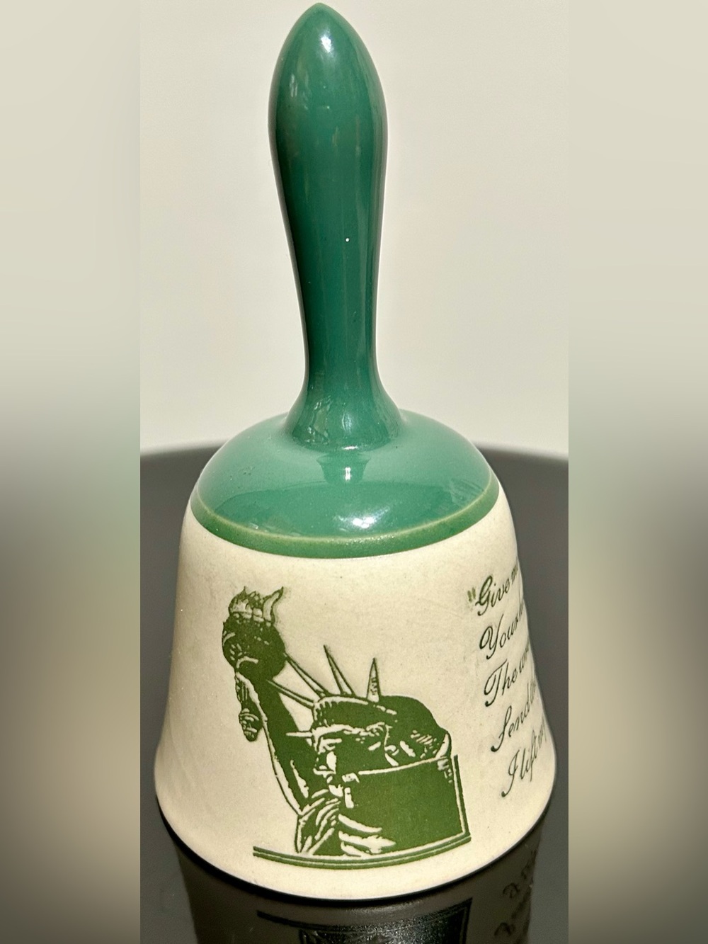 Source Unknown Green and Cream Ceramic Bell with Statue of Liberty Motif